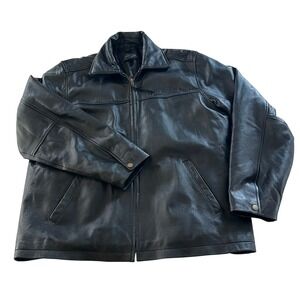 Burks Bay Mens Black Leather Zip Up Jacket L Bomber Biker Retro Urban Street Y2k